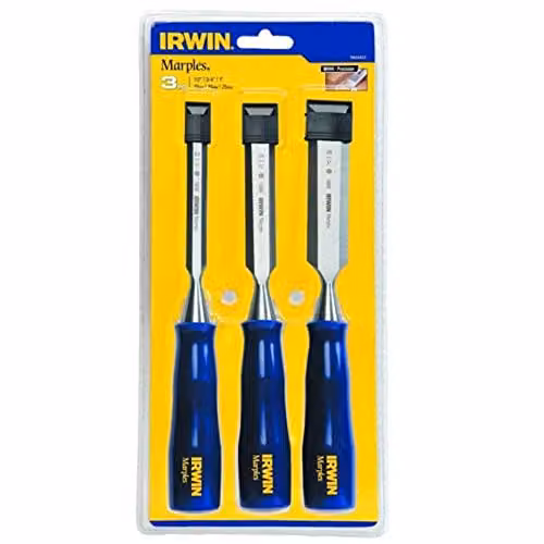 Irwin Marples M444 Blue Chip 3 Piece Hardened Steel Wood Chisel Set in Blue and White – 1