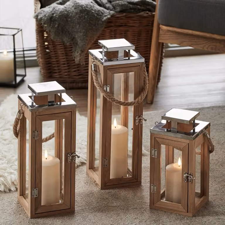 Salcombe Wooden Lantern Trio with TruGlow LED Candles in Brown