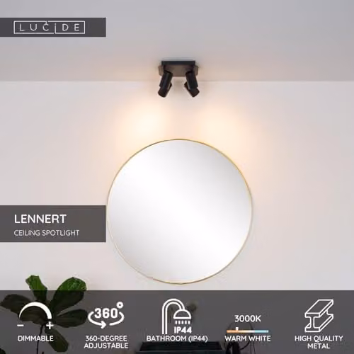 Lucide Lennert Dimmable Adjustable Ceiling Spotlight for Bathrooms, Black, GU10, IP44 – 2