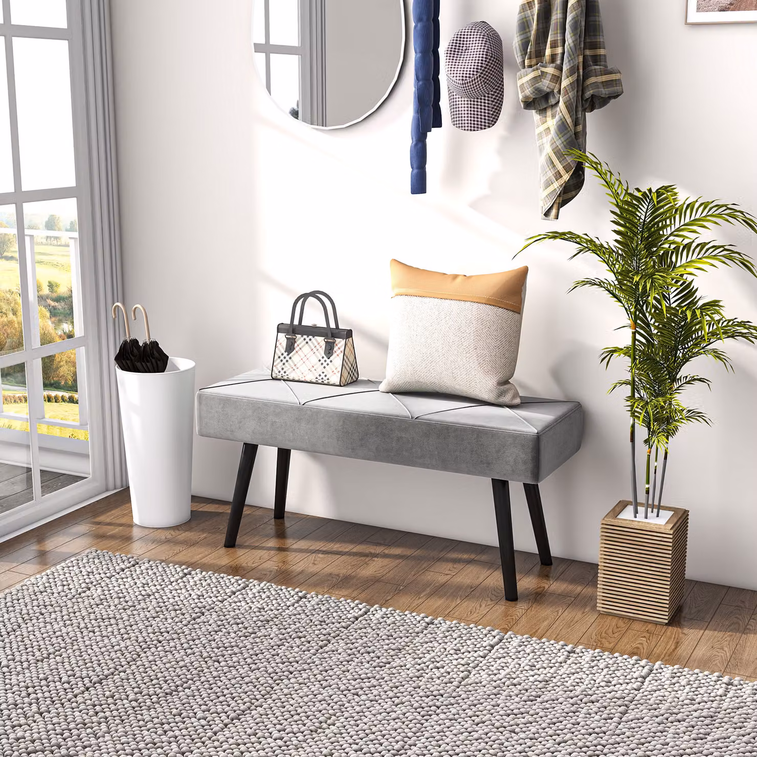HOMCOM Grey Velvet Upholstered End of Bed Bench with X-Shape Metal Legs for Bedroom or Hallway – 8