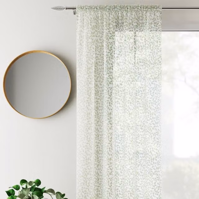 Terrys Green and White Floral Linen Fabric Single Voile Curtain Panel