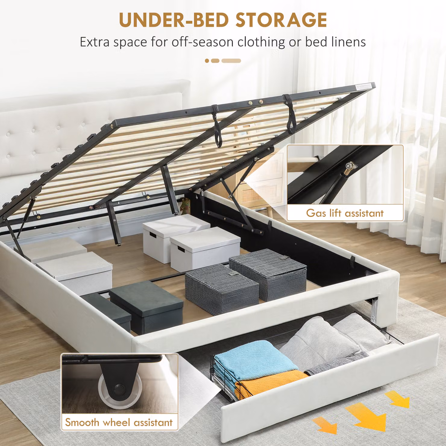 HOMCOM Modern Velvet Double Ottoman Bed Frame with Lift-Up Base and Storage, Beige/White, W: 140 cm, L: 200 cm, H: 193.5 cm – 2