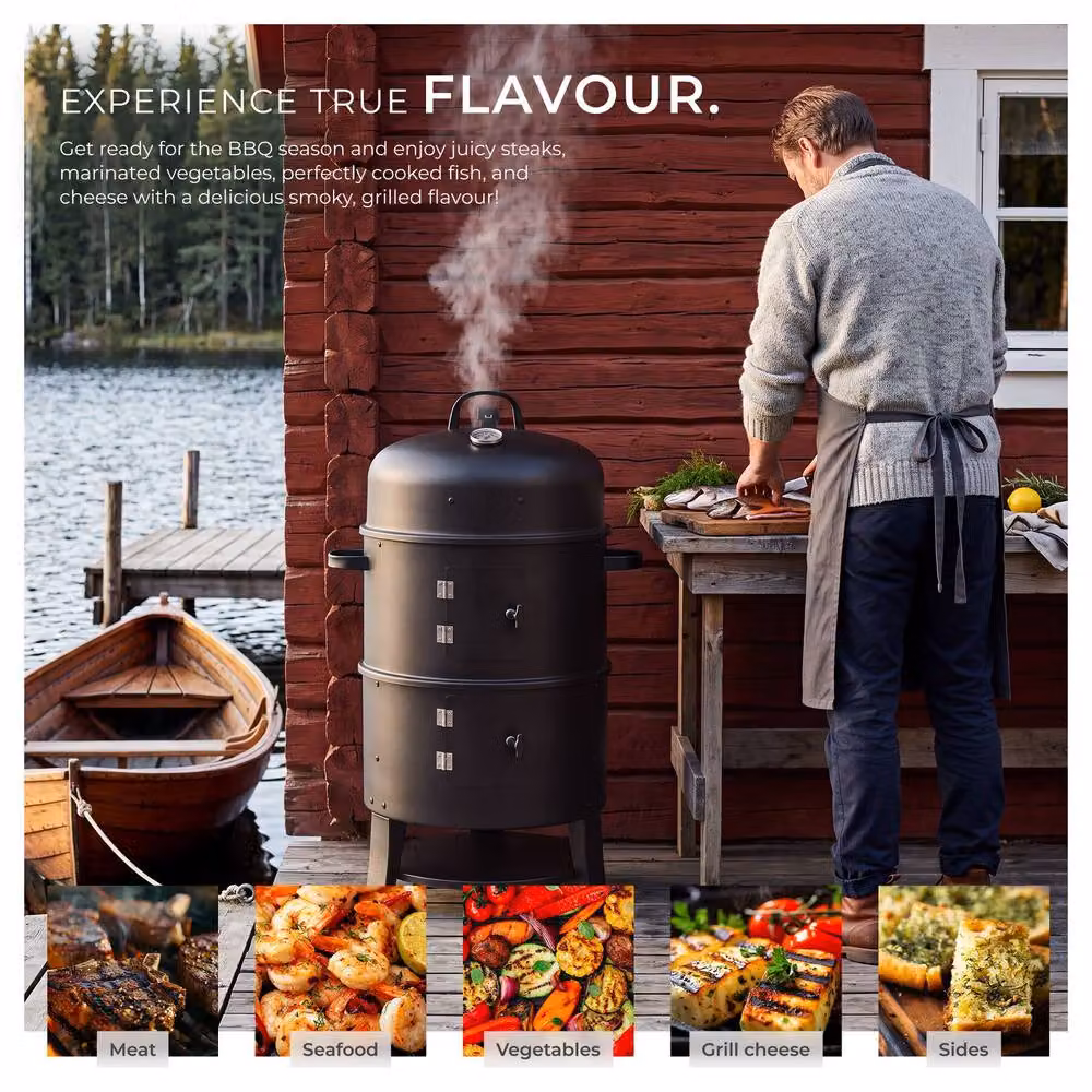 tectake Smoking Barrel 3-in-1 Charcoal Smoker with Thermometer and Air Vent, Black, W/D/H: 52.0 x 42.5 x 81.5 cm – 3