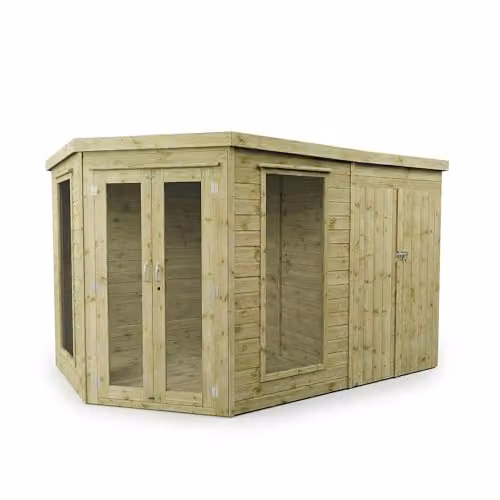 Waltons Wooden Corner Summerhouse with Side Shed, Shiplap Tongue and Groove Garden Room with Flat Roof and Double Doors