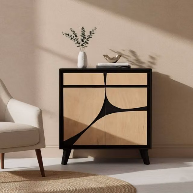 IH Design Modern Abstract Mango Wood Sideboard in Brown, Black, Orange and Beige