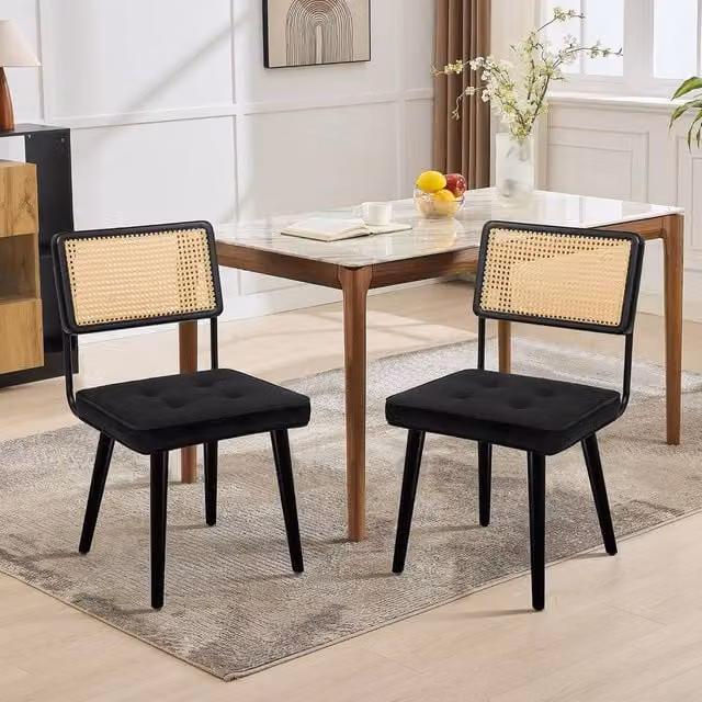 London Boutique Set of 2 Black Velvet Upholstered Rattan Dining Chairs with Rubberwood Legs