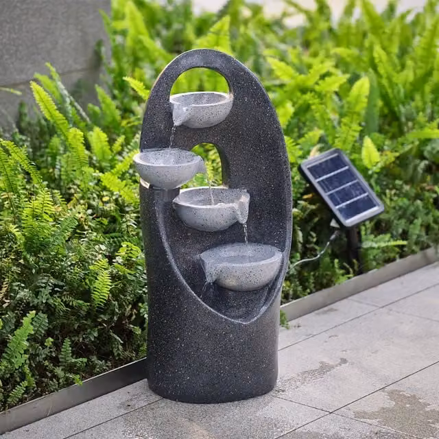 Livingandhome Solar-Powered 4-Tier Round Stone Bowl Cascade Water Feature with LED Lights in Grey