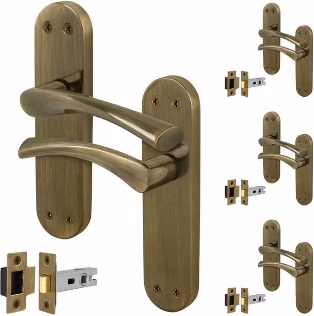 AFIT Antique Brass Twist Door Handle and Latch Set with Backplate in Bronze, 4 Pairs, W/D/H: 15 x 15 cm – 1