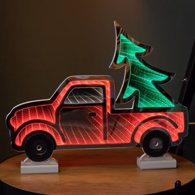 Samuel Alexander LED Infinity Truck Christmas Decoration with Wooden Base in Red, Green and Multicolour