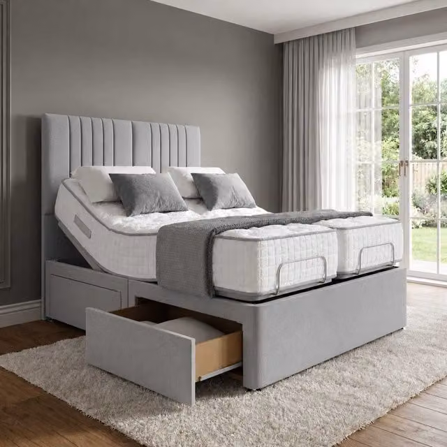 K Mehmood Enterprise Ltd Luxury Electric Adjustable Bed with Storage Drawers and Headboard in Silver Grey Fabric