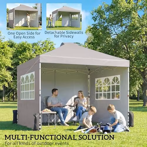 Outsunny Grey Pop Up Gazebo with 3 Sidewalls and UPF 50+ Protection, W: 300 cm, D: 300 cm, H: 285 cm – 3