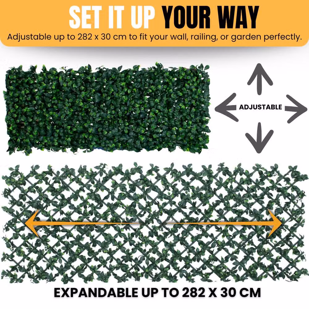 Novecrafto Expanding Privacy Trellis with Artificial Leaves and Flowers in Green, W: 282 cm, H: 30 cm – 6