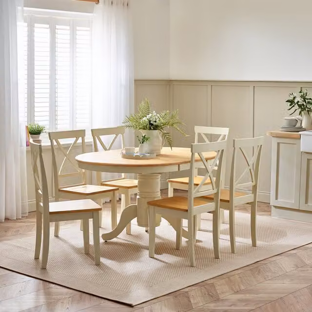 Furniturebox UK Padstow Round Extending Dining Table and 6 Chairs in Brown Rubberwood