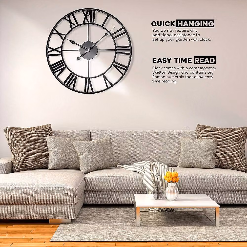 YnysTec Large Skeleton Metal Wall Clock with Roman Numerals in Black, Diameter: 40 cm – 7