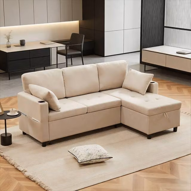 BTM Beige L-Shaped Reversible 3-Seater Fabric Sofa Bed with Storage and Cup Holders – 1