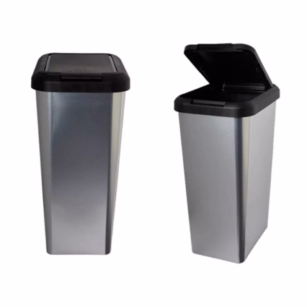 FLAVORA Silver Touch and Lift Rectangular Kitchen Bin with Fingerprint Proof Finish – 3