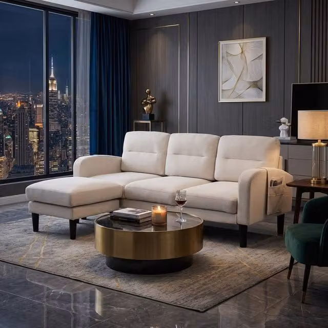 FENCHILIN Modular L-Shaped Sectional Fabric Sofa with Matching Ottoman and Side Pockets in Beige – 1