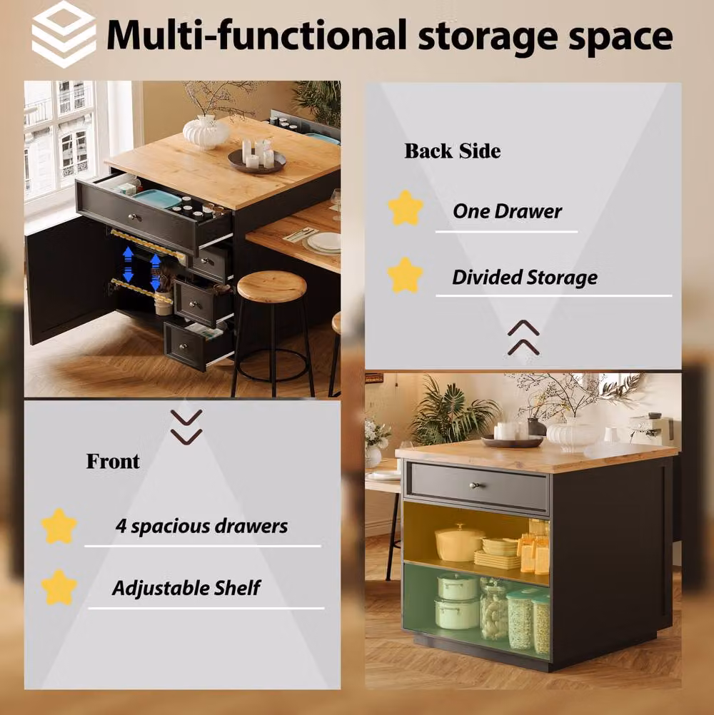 STILVORA Extendable Kitchen Island with Drawers in Black – 5
