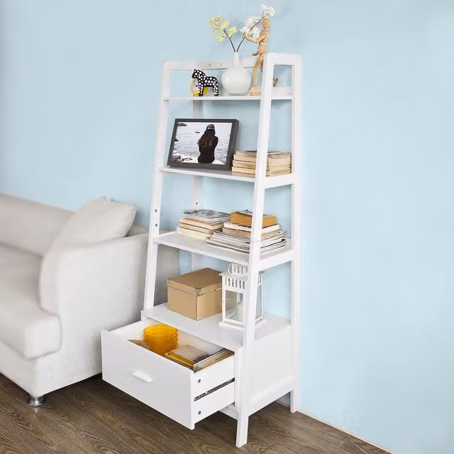 SoBuy Storage Display Ladder Shelf Bookcase with Drawer, White