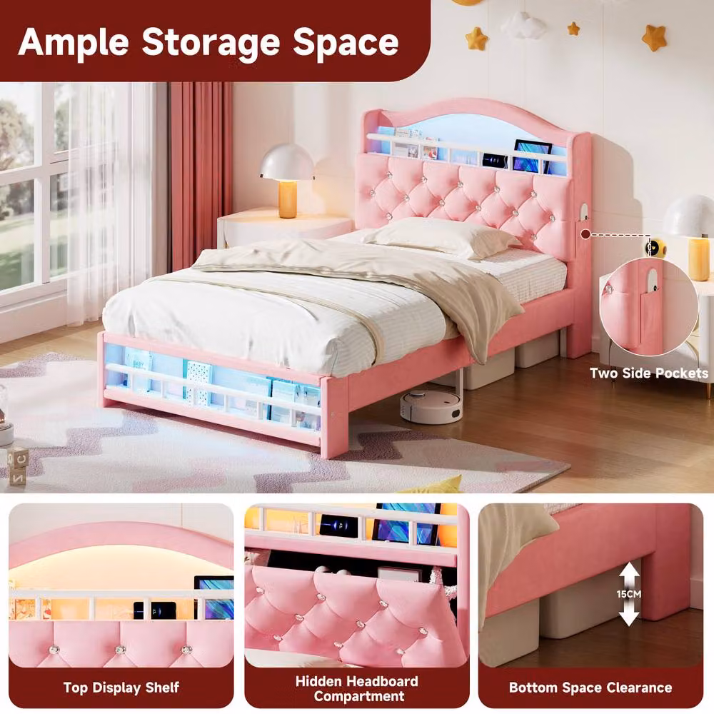 ModernLuxe Upholstered Single Bed Frame in Pink with LED Storage Headboard and USB Charging Port, W/D/H: 90 x 190 x 117 cm – 3