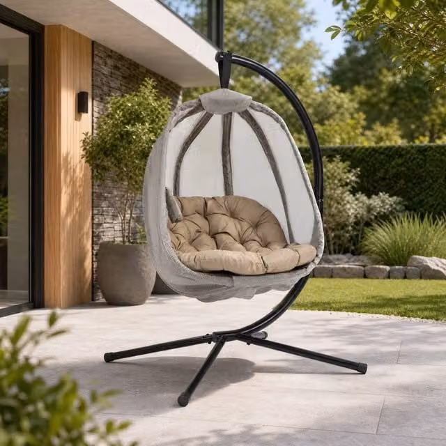 STILVORA Hanging Egg Chair with Stand and Cushion in Beige – 1
