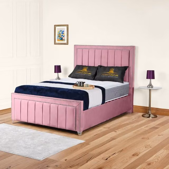 UK Bed Furniture Fiona Pink Velvet Upholstered Slatted Base Bed W/D/H: 120 x 200 cm
