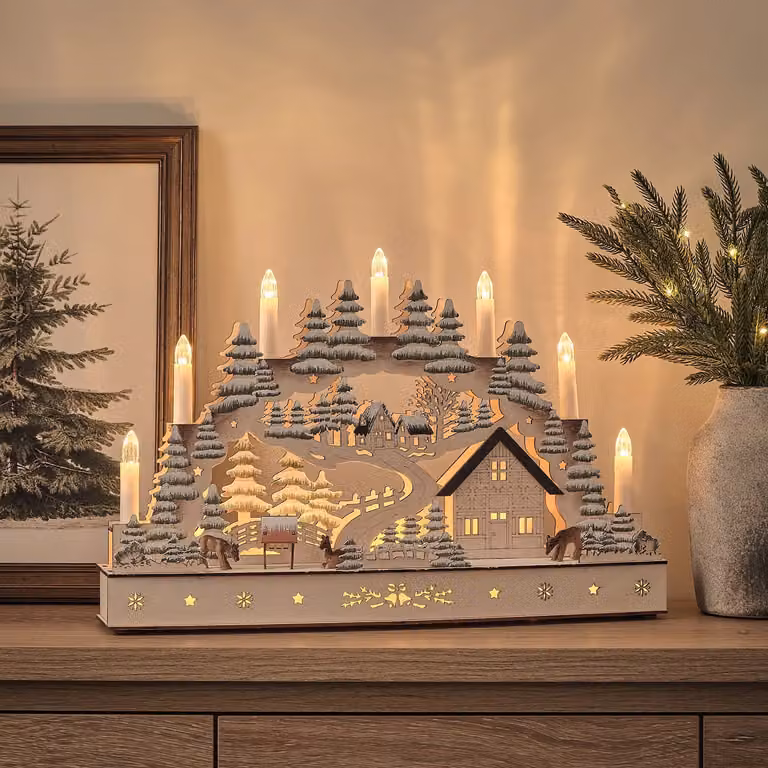 Lights4fun Pre Lit Winter Village Scene Wooden Candle Bridge in White, W/D/H: 44.5 x 30.0 x 9.5 cm