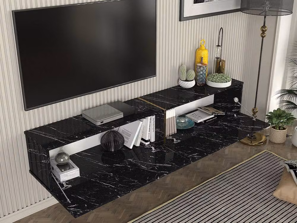 DINOMA Modern Wall-Mounted TV Stand with 2 Doors in Black Marble Effect Glossy Finish, W/D/H: 82.4 x 31.7 x 30.0 cm – 3