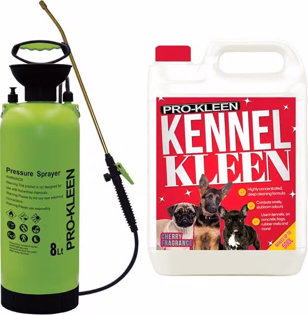 Pro-Kleen 8L Pump Sprayer with 5L Kennel Kleen 3 in Disinfectant Cleaner in Cherry Red
