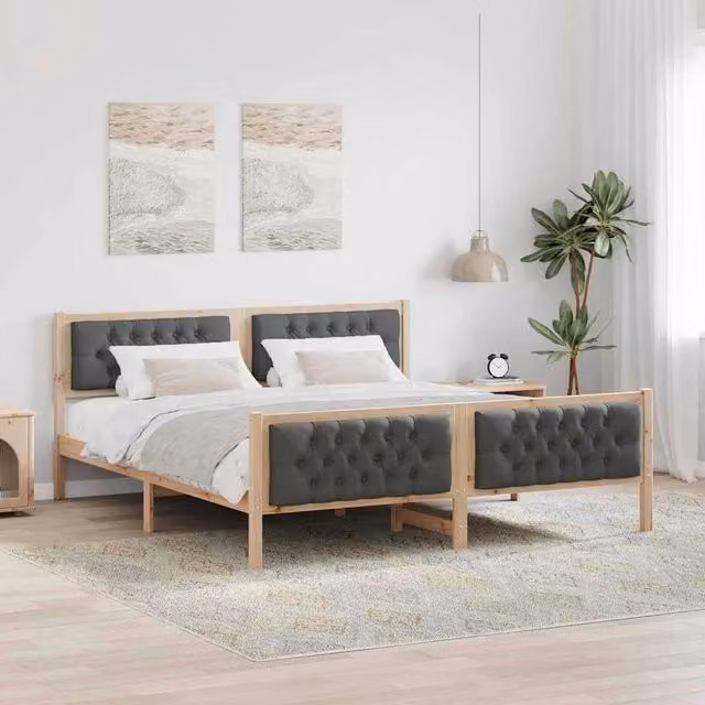 Berkfield Home Upholstered Bed Frame with Headboard in Grey and Beige, Solid Pine Wood, W/D/H: 180 x 200 x 85.5 cm