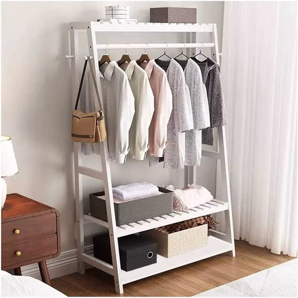 NESTLUNE White Heavy Duty Bamboo Garment Rack with Dual Hook and Rail Matrix – 2
