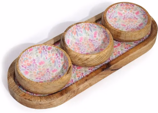 KDMK Pink Floral Mango Wood Rectangular Tray with 3 Bowls