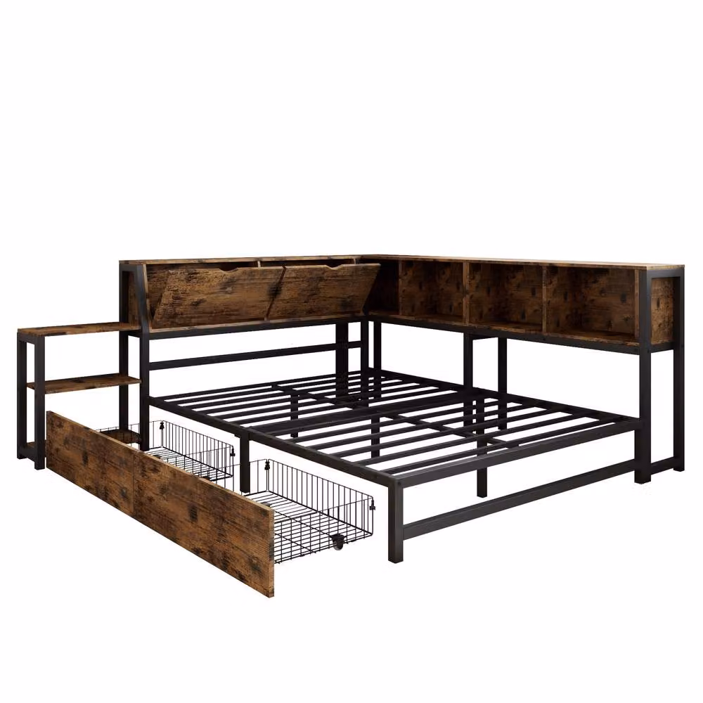 BTM Modern Metal Double Bed Frame with Storage Drawers, Brown, W/D/H: 140 x 200 x 85 cm – 7