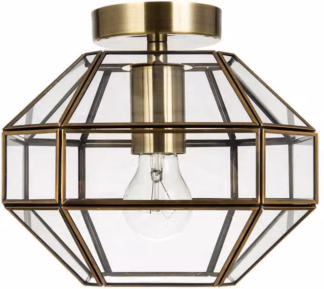 Happy Homewares Classic Lantern Styled Ceiling Light with Geometric Clear Glass Shade in Metallic Gold