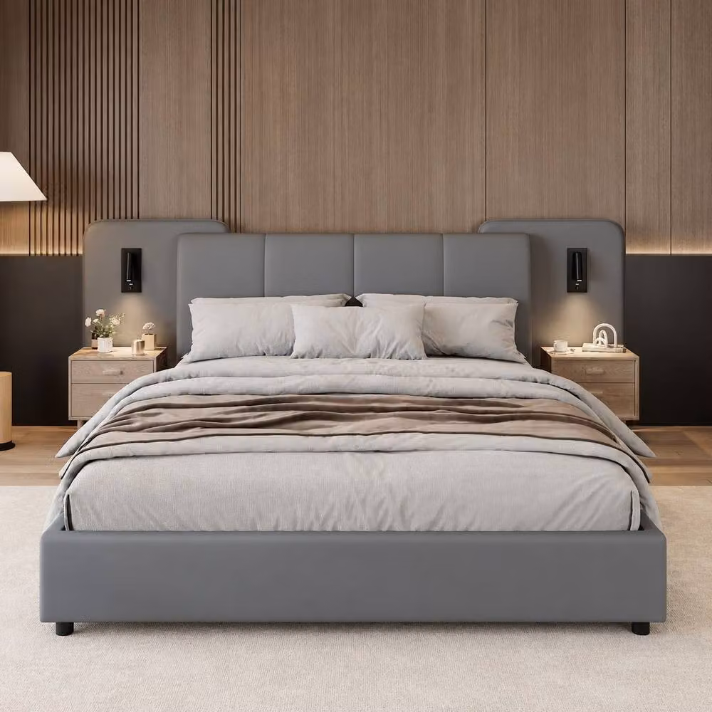Merax Double Upholstered PU Leather Bed in Grey with Extended Headboard, Integrated Reading Lights and USB Charging Port, W/D/H: 140 x 200 x 86.5 cm – 3