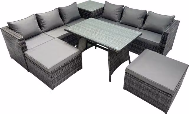 Fimous 8-Seater Outdoor Rattan Corner Sofa Dining Set with Side Table and 2 Stools in Dark Grey
