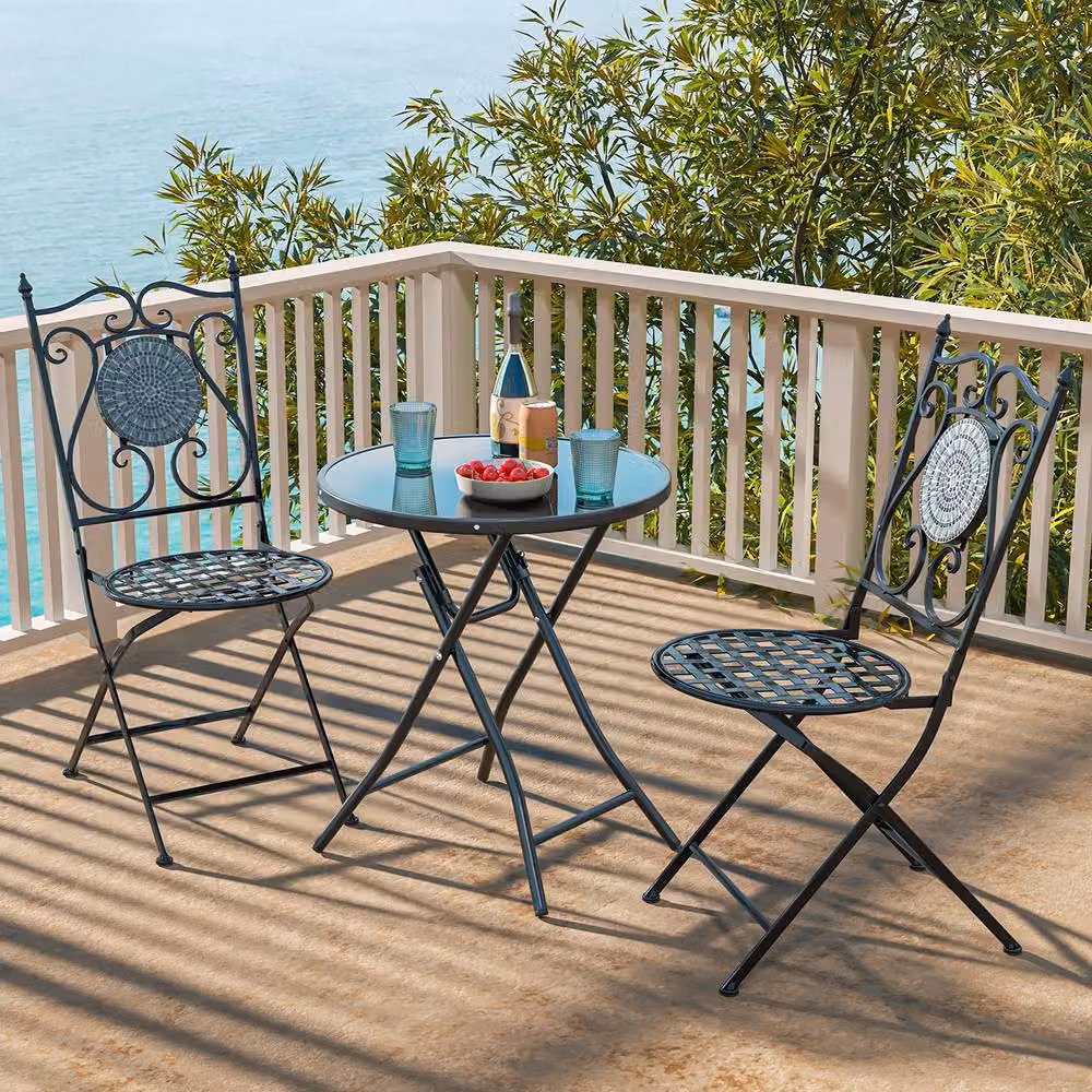 Costway Folding Round Patio Bistro Table with Black Tempered Glass Toptop – 3