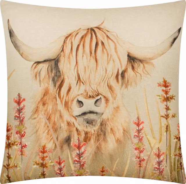 Bramble Highland Cow Printed Polyester Cushion in Yellow and Beige