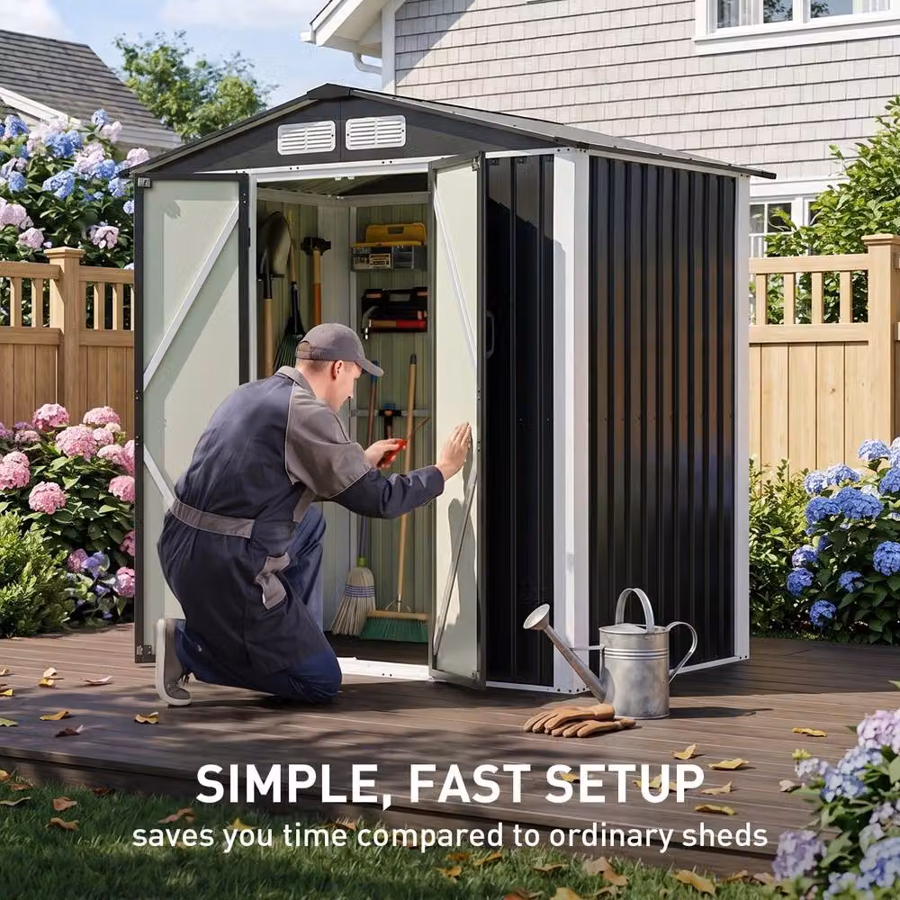 Living and Home Metal Garden Storage Shed with Lockable Door, Black, W: 182.88 cm, D: 121.92 cm, H: 181.0 cm – 3