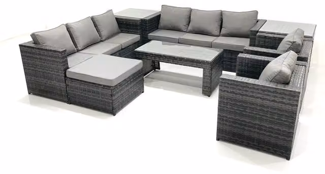 Fimous Rattan Garden Furniture Set in Dark Grey with U-Shape 3-Seater Sofa, Armchair, Coffee Table, Two Side Tables and Ottoman – 1