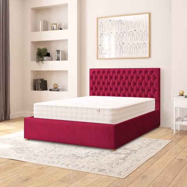 Aspire Monroe Plush Velvet Fabric Ottoman Storage Bed in Berry, W/D/H: 140 x 200 cm