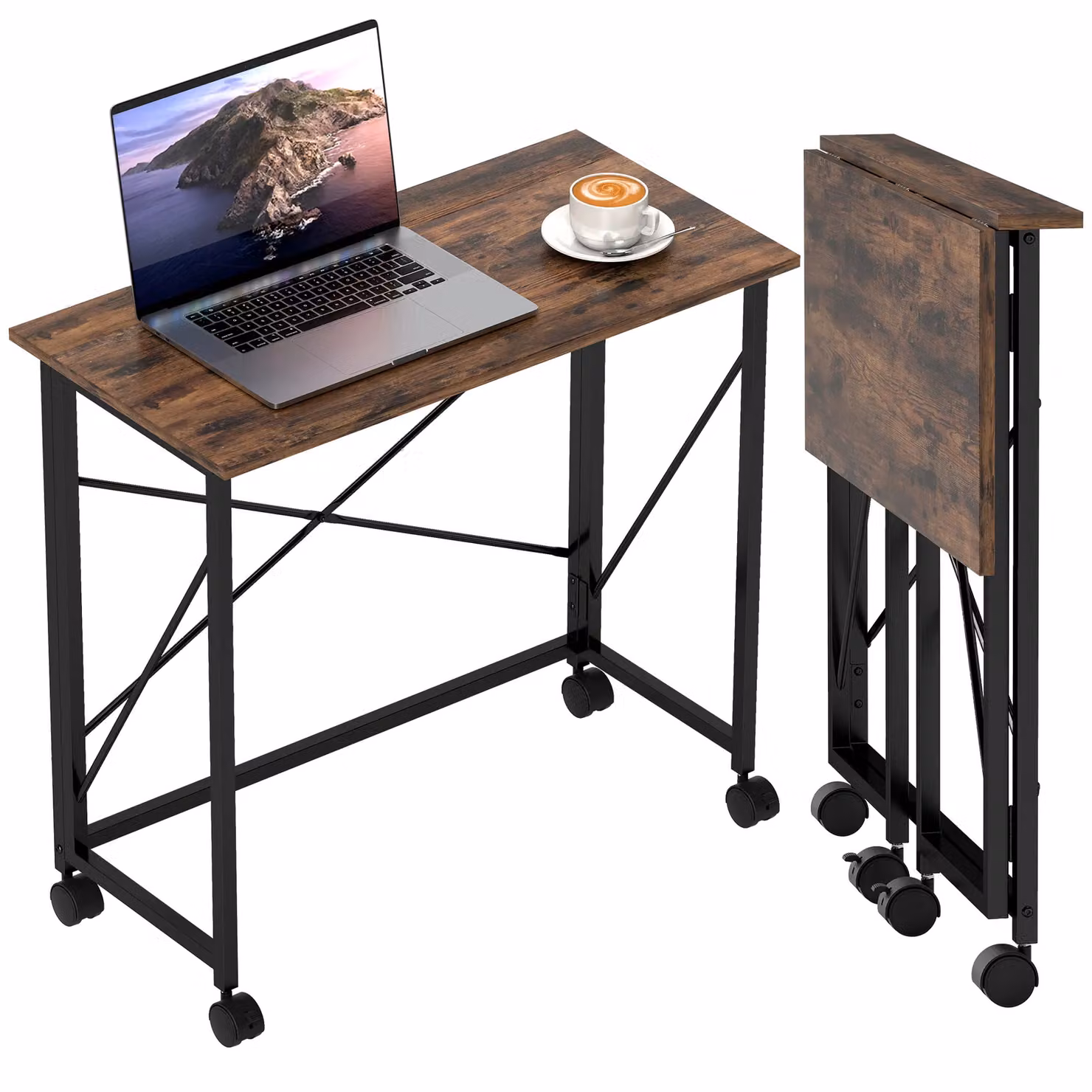 HOMCOM Brown Folding Writing Desk with Castors for Home Office – 2