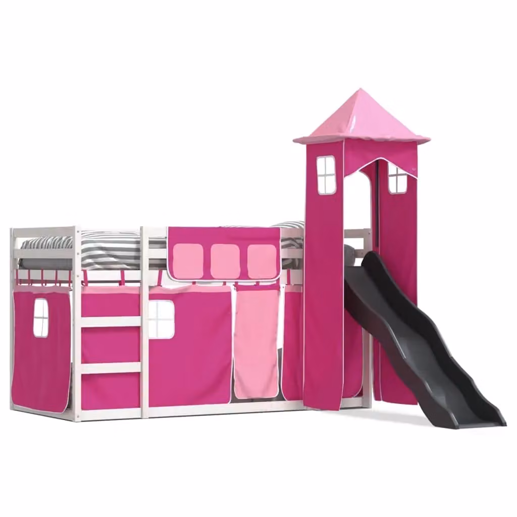 Berkfield Home Pink Solid Wood Childrens Bunk Bed with Slide and Curtains W/D/H: 90 x 200 cm – 1