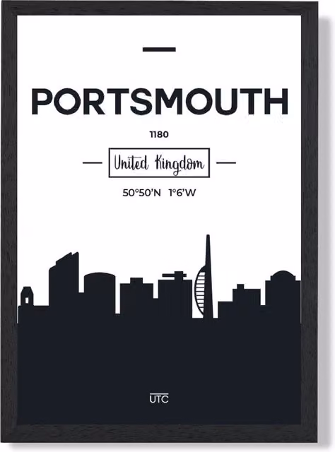 ARTZE Portsmouth Black and White City Skyline Framed Photograph Print, A2, Black Frame