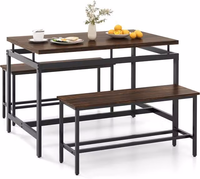 Costway 3 Piece Industrial Dining Room Furniture Set with Rectangular Table and Benches in Brown and Black