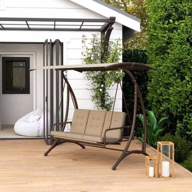 Outsunny 3 Seater Garden Swing Seat Bed with Adjustable Canopy and Cushions in Khaki