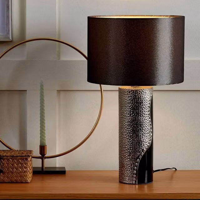 Wyld and Coco Table Lamp with Silver Ceramic Pillar Base and Black Fabric Drum Shade