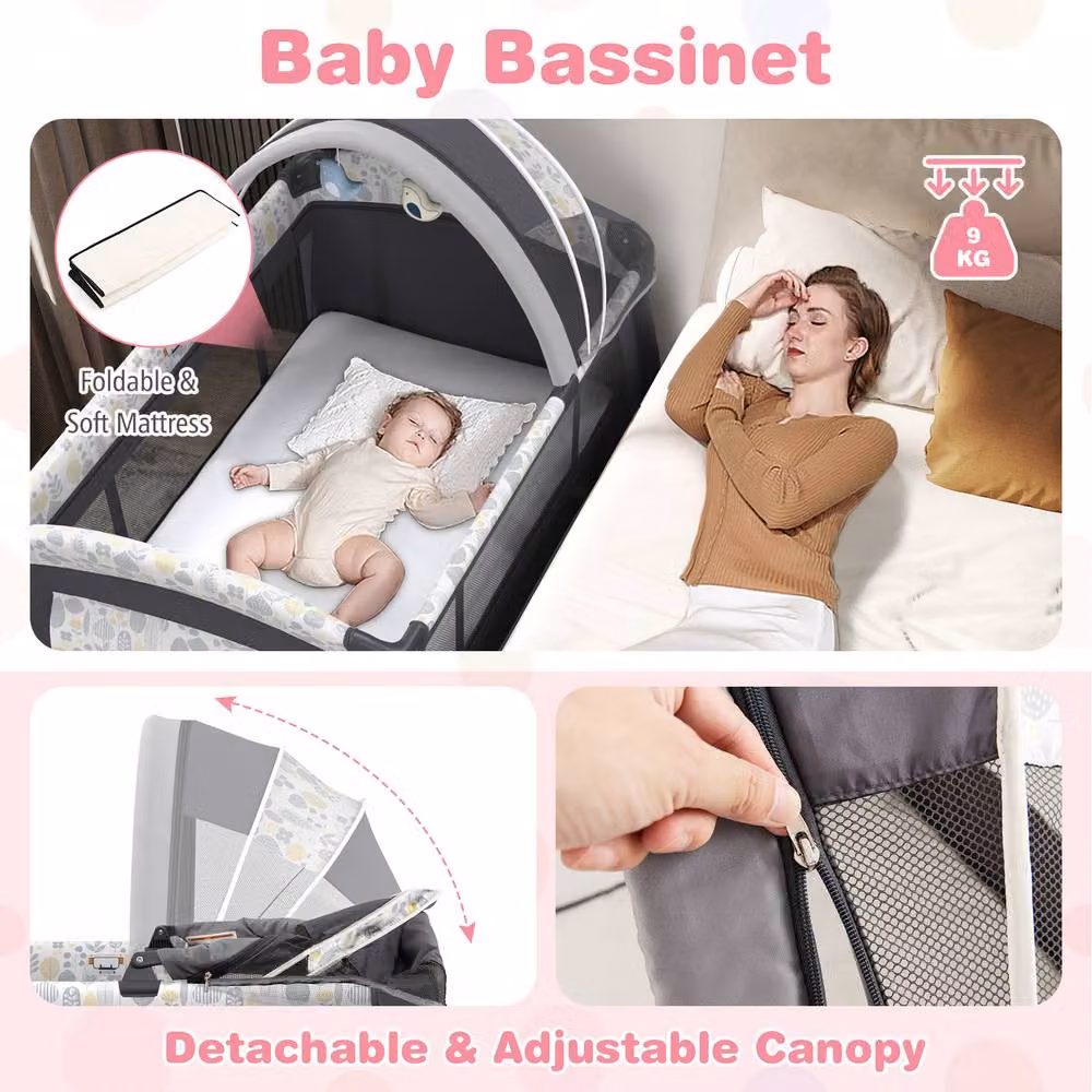 CASART 5 in 1 Portable Pack and Play Baby Nursery Center with Bassinet and Travel Bag in Grey Floral – 4