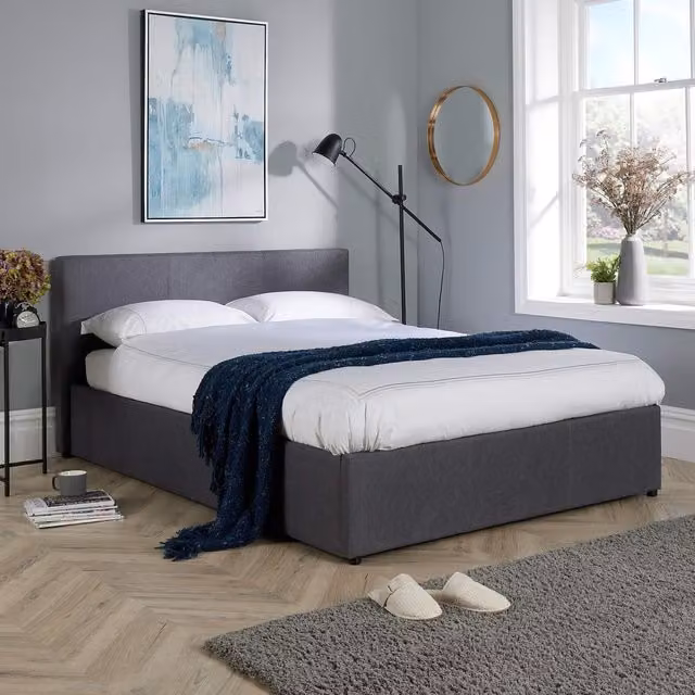Home Source King Size Ottoman Storage Bed Frame in Grey Hopsack Fabric with Gas Lift Base
