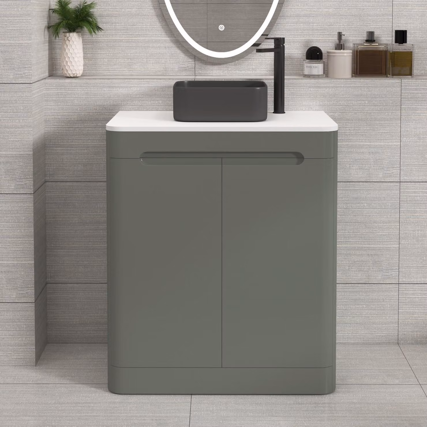 Royal Bathrooms Venice 700mm Sage Green Floor Standing 2 Door Vanity Unit with Plain White Worktop and Art Square Basin